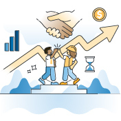 Eine Illustration zeigt zwei Personen, die sich ein High-Five geben, mit einem Handschlag, einer Grafik und einer Sanduhr im Hintergrund.