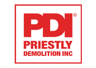 Red and white logo for Priestly Demolition Inc. (PDI) featuring bold red text and the full company name enclosed in a red square border.