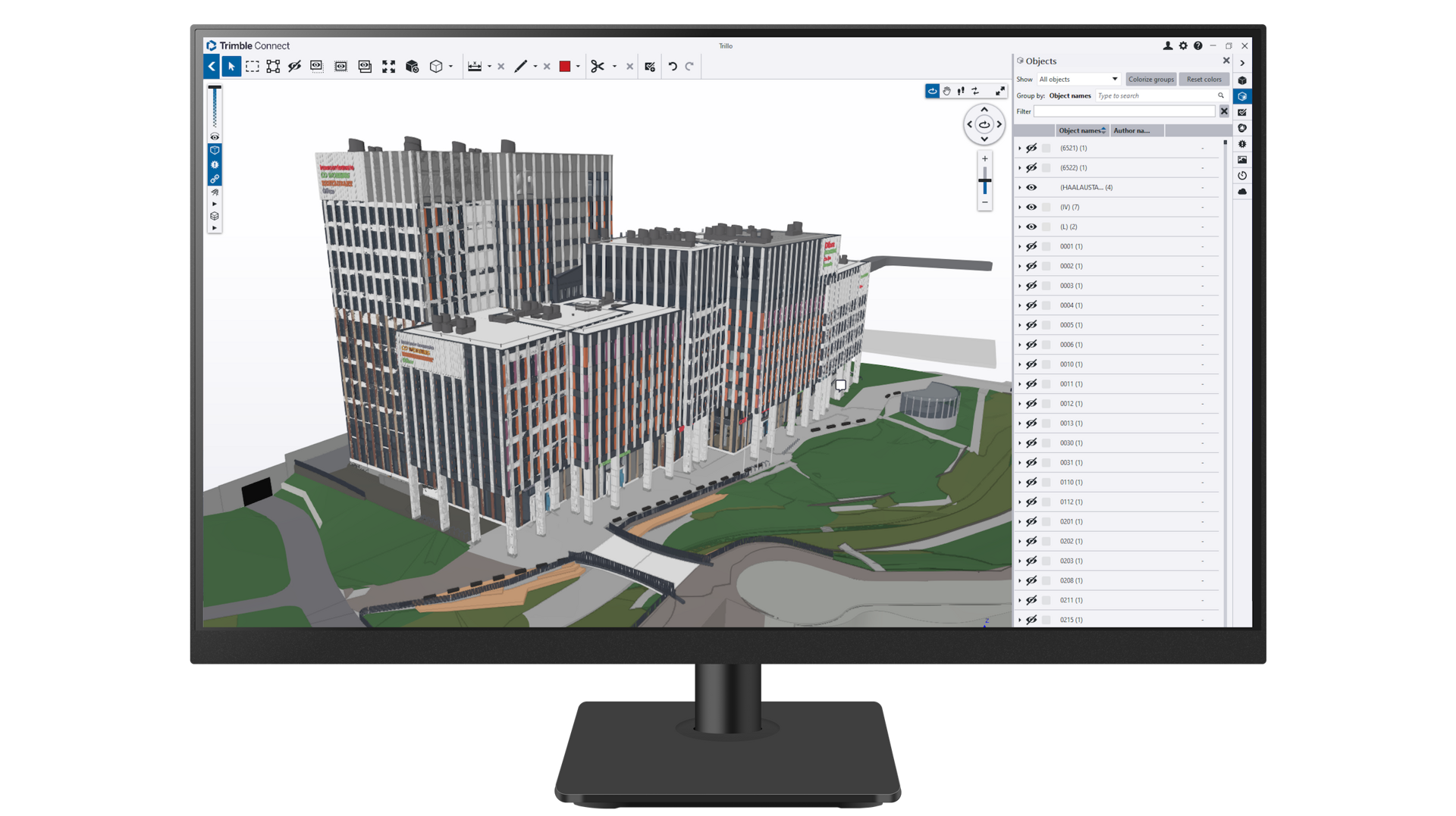 Een desktopmonitor met Trimble Connect-software