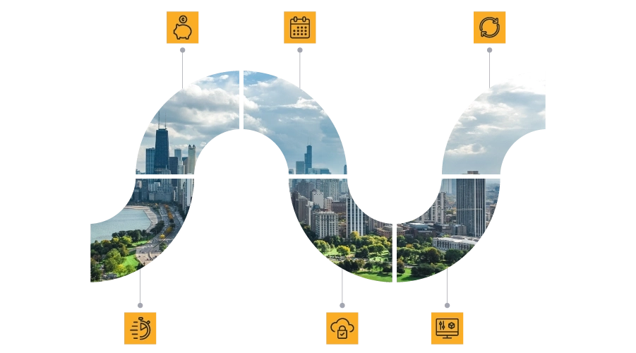 SaaS funnel of Chicago skyline with icons