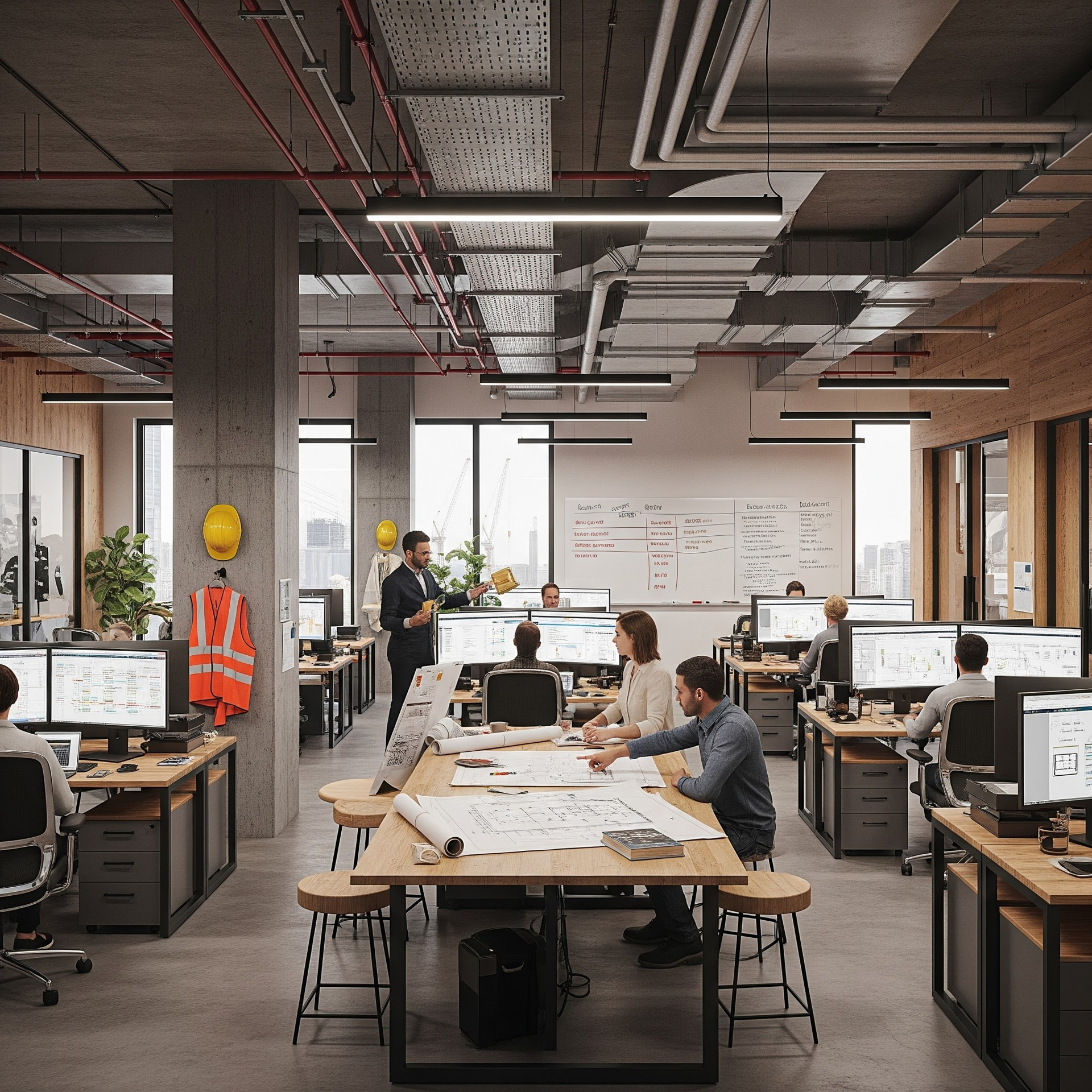 An open-plan office with engineers and architects collaborating. Desks with multiple monitors, blueprints, safety gear visible.