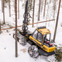 In einem verschneiten Wald fällt ein gelber Harvester einen Baum. Er ist umgeben von hohen Kiefern. Der Greifer der Maschine hält den Baum fest.