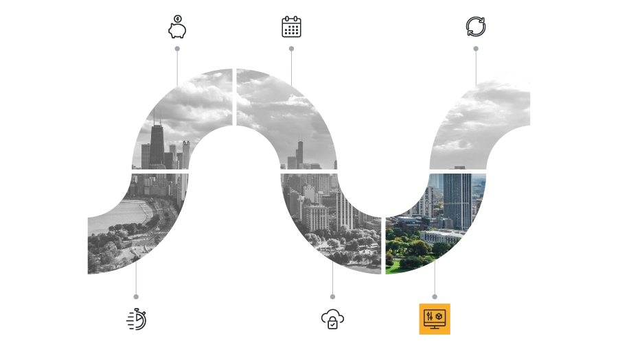 SaaS funnel of Chicago skyline with scalable icon highlighted