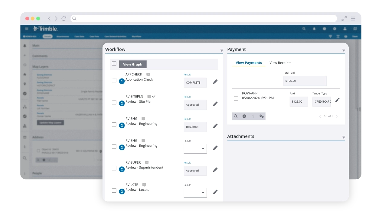 Trimble Unity Permit screenshot showing internal workflow