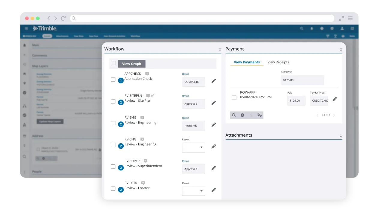 Trimble Unity Permit screenshot showing internal workflow