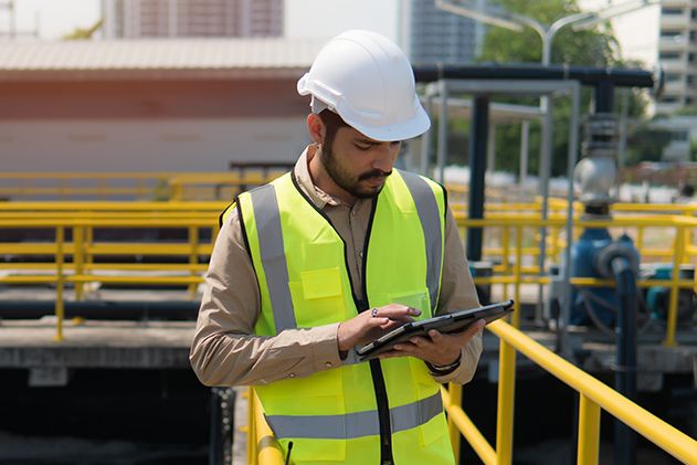 Ein Mann mit Schutzhelm und Sicherheitsweste benutzt in einer Wasseraufbereitungsanlage mit gelben Geländern ein Tablet.