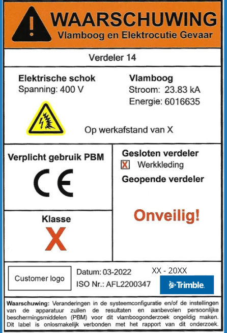 Safety label for electrical equipment with warnings for arc flash and electrocution hazards.