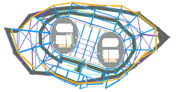 Top-down view of a complex structural engineering model showing two large oval shapes with internal bracing and an external polygonal framework.