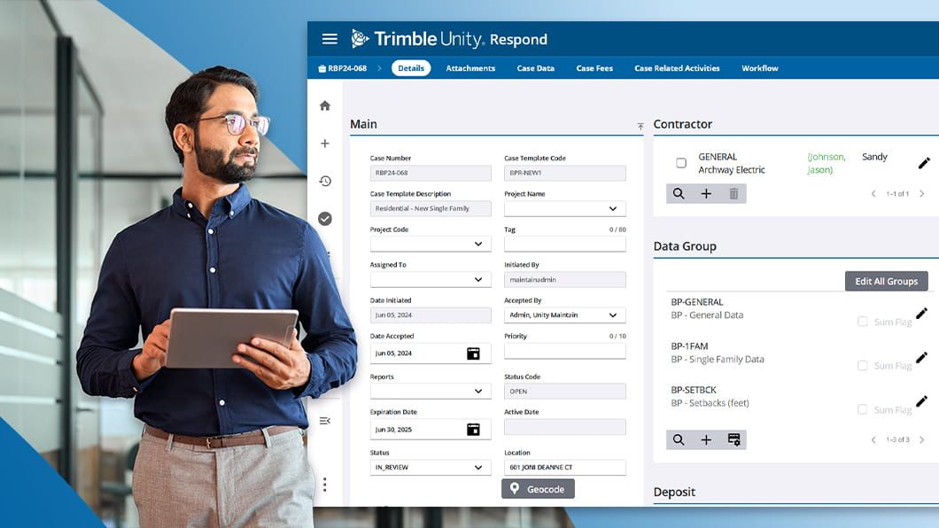 A man holding a tablet next to a Trimble Unity Respond screen showing case details for a residential single-family building permit.