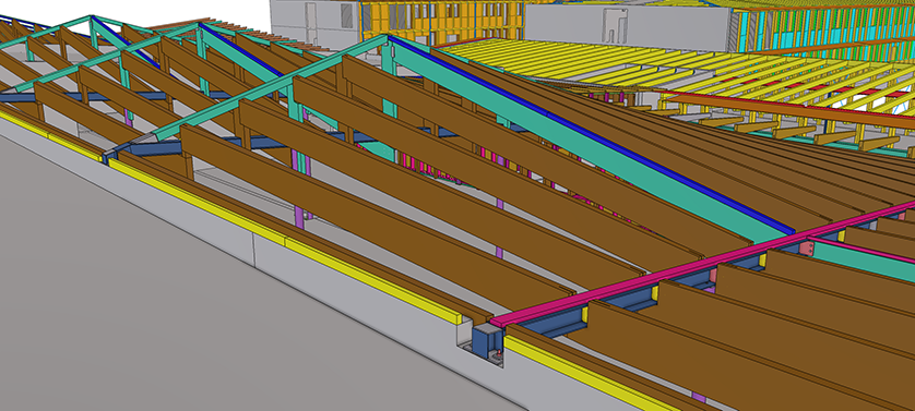 3D rendering of a building's roof structure, showcasing wooden beams and metal supports.