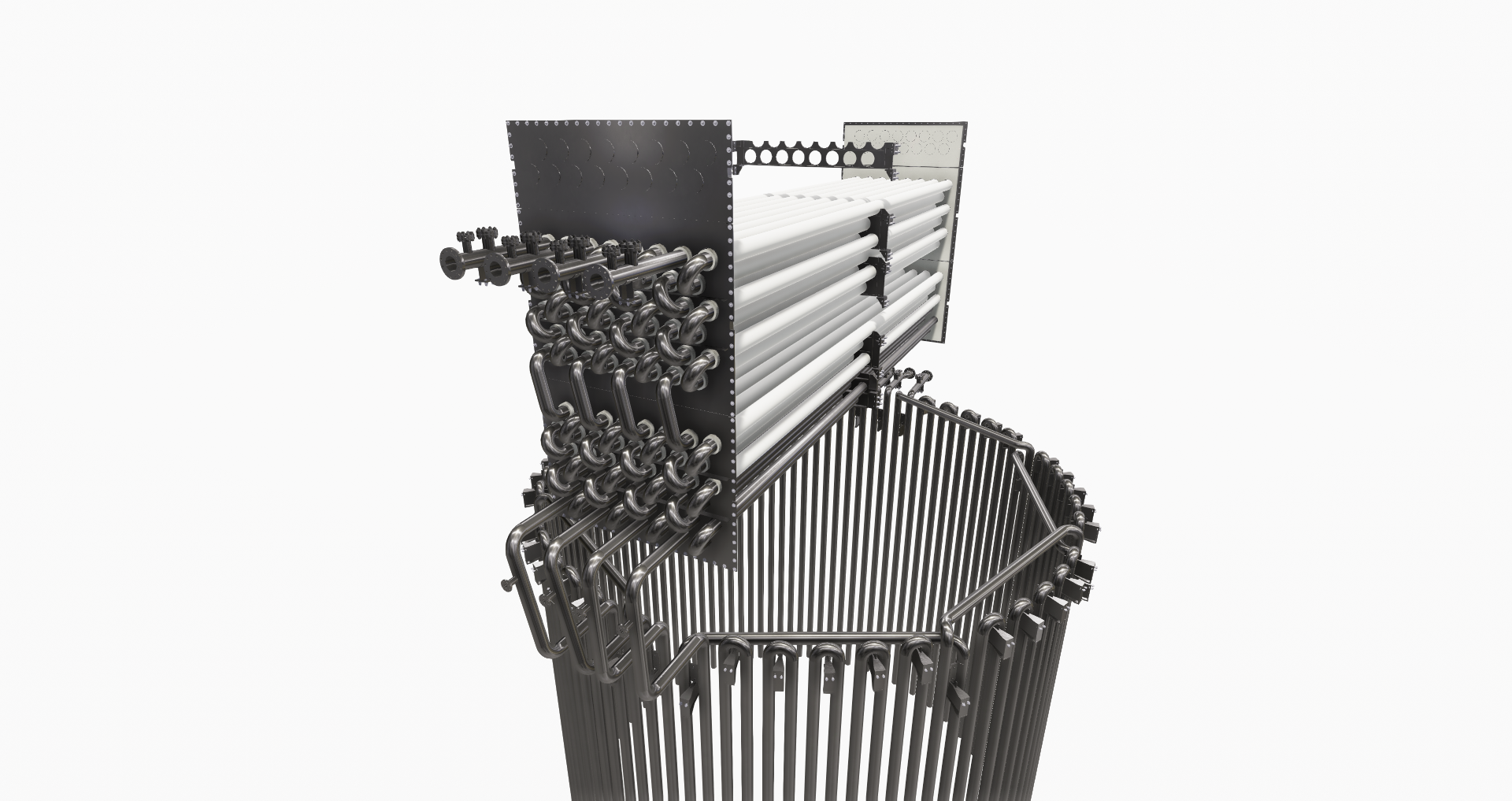 A 3D render of a heat exchanger with stacked horizontal tubes above a hexagonal array of vertical tubes.