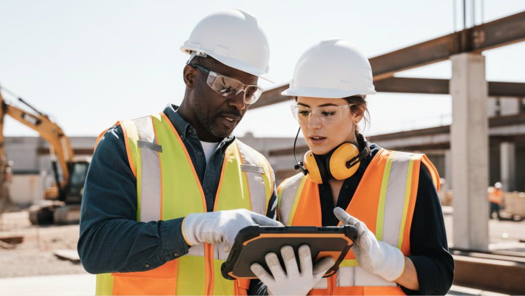 Construction foreman and engineer in safety gear review a tablet at a sunny construction site.