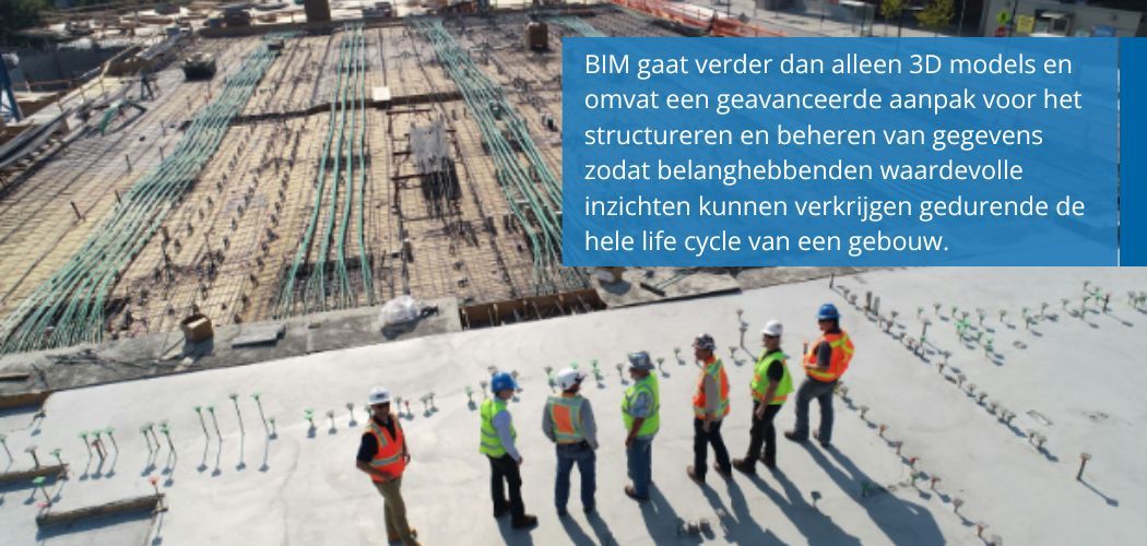 Construction site with workers on a concrete slab, rebar, and green cables, plus a blue text box explaining BIM.