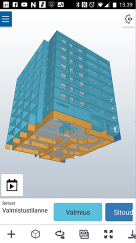 A 3D model of a building's structure is displayed on a mobile device. The model shows a tall building with blue framework and orange floor sections.