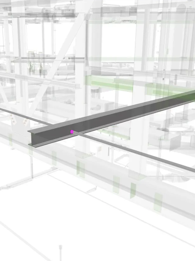 3D rendering of a steel beam within a building's structural framework.