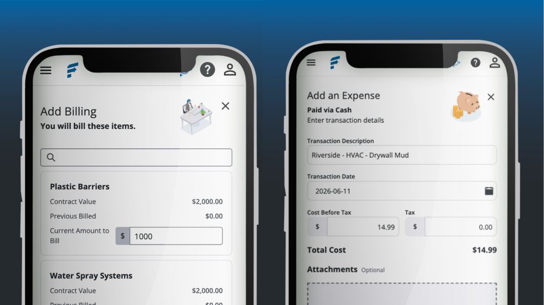 Two smartphone screens showing Trimble Financials app interfaces for adding billing items and expenses.