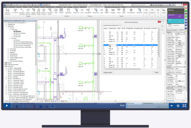 Screenshot of Autodesk Revit software displaying a building floor plan with HVAC ductwork and a table of system calculations.