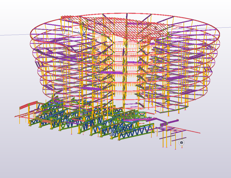 3D model of a steel structure with a cylindrical upper section and a truss-supported lower section.