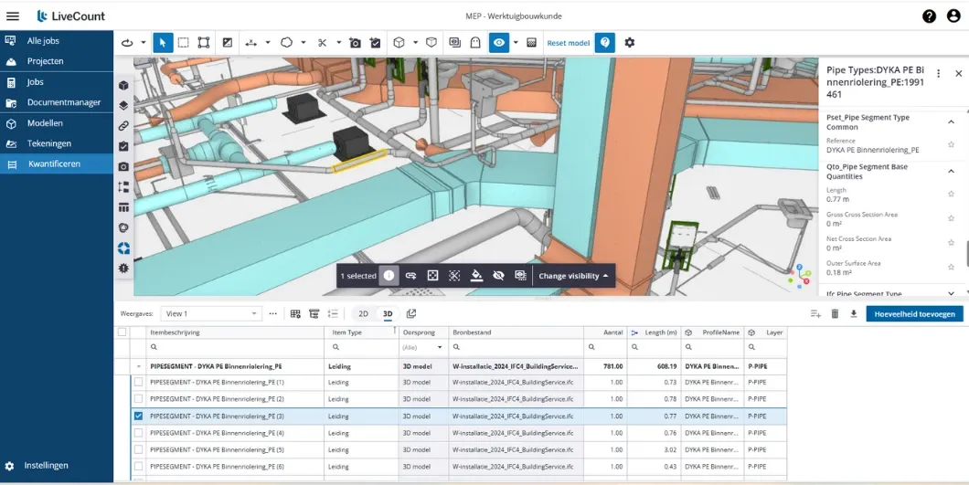 Screenshot of LiveCount 3D shows a 3D-model of a building with qualities and volume