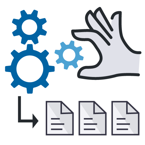 An illustration showing gears and a hand symbolizing automated processes that lead to multiple documents.