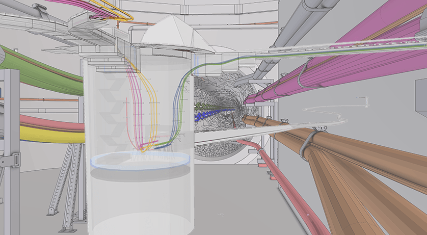 3D rendering of a tunnel construction with multiple colorful pipes and conduits.