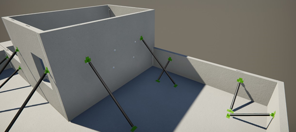 3D rendering of a concrete structure with reinforcement bars and connectors.