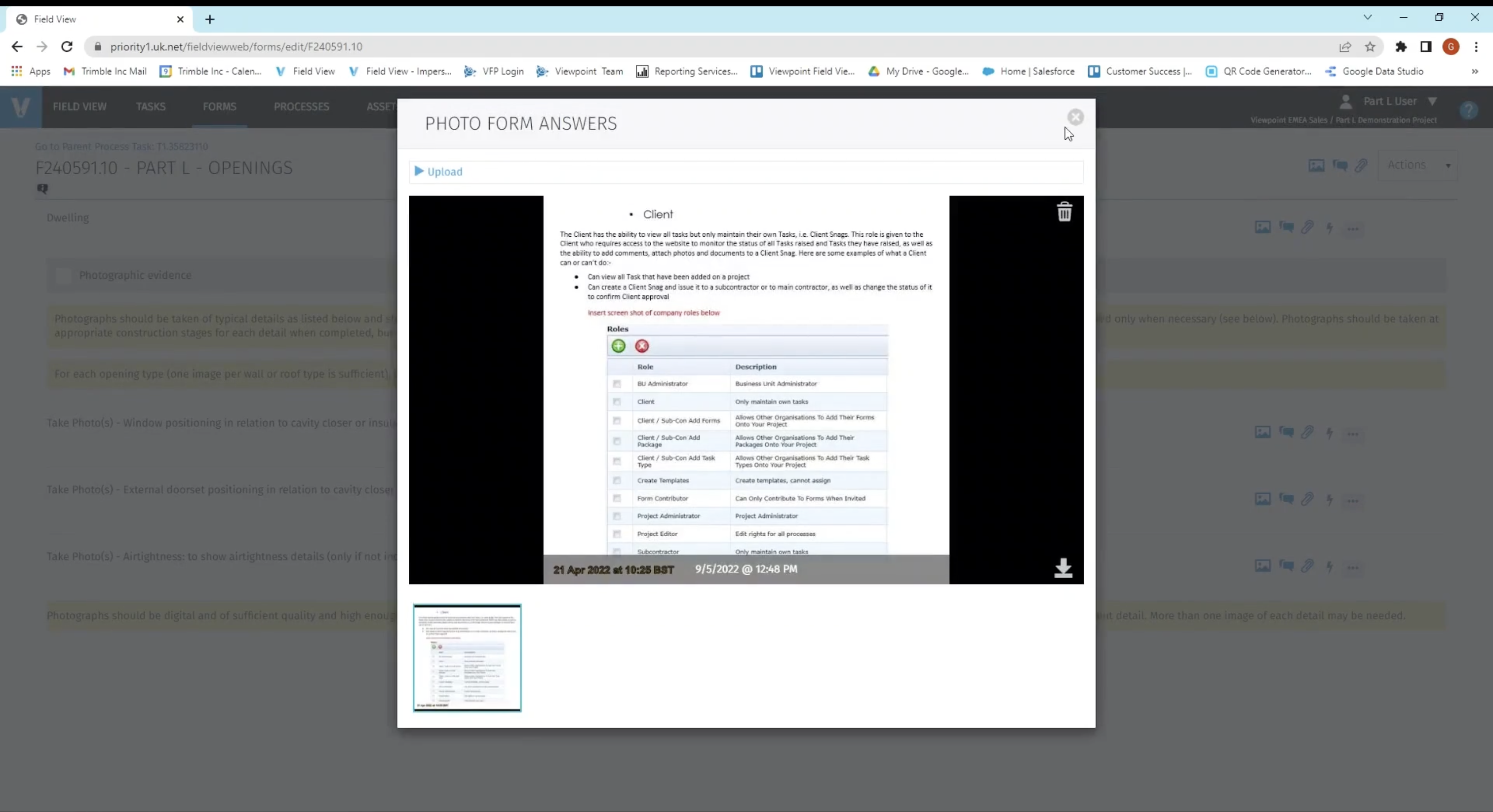 Screenshot of Part L photographic evidence from a browser in Field View