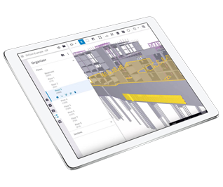 Tablet displaying a BIM model with floor organization on the left and a 3D view on the right.