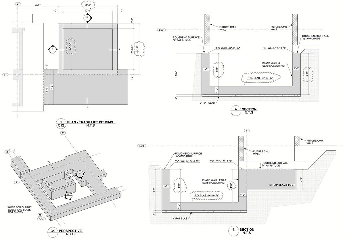 Architectural drawings showing plans and sections of a trash lift pit.