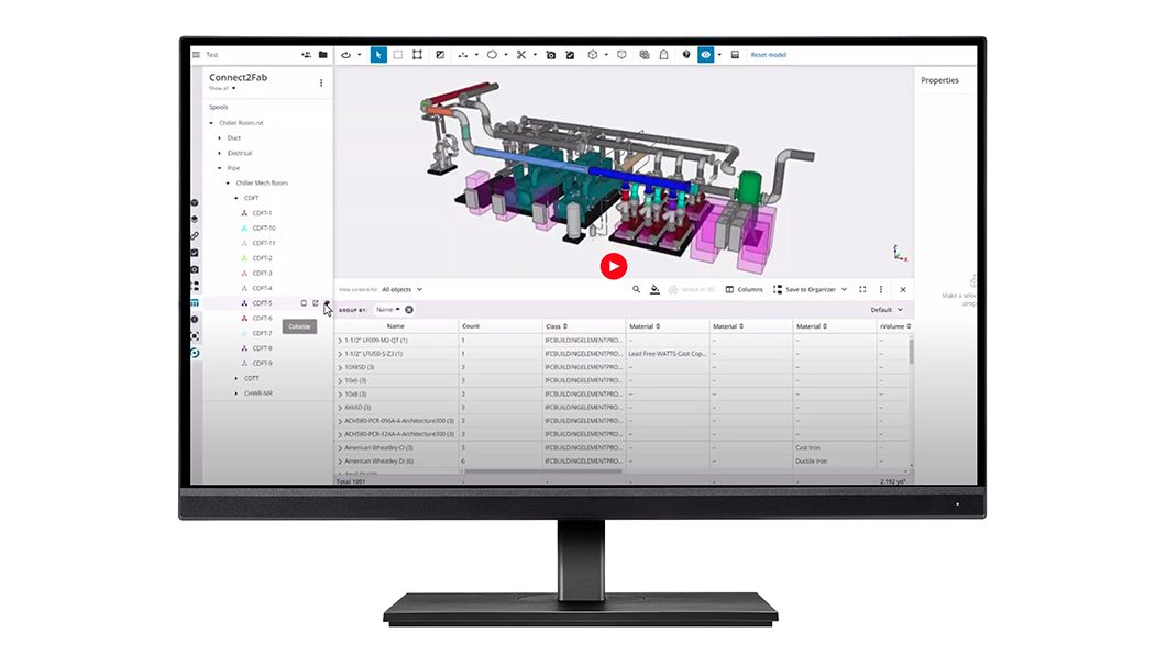 Trimble Connect2Fab interface displaying 3D mechanical spools and a detailed parts inventory list.