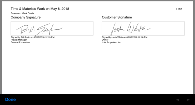 Time & Materials Work document, page 2 of 2, showing Company Signature by Bill Smith and Customer Signature by Josh White.