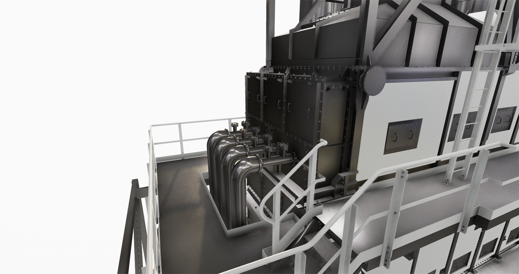 A 3D rendering of industrial equipment, featuring a complex arrangement of pipes and large metallic units with access platforms and stairs.