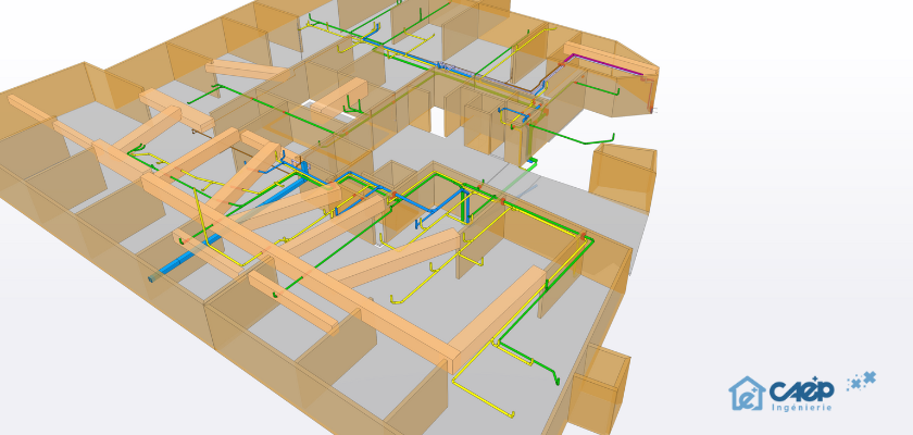 3D BIM model of a building's HVAC system with wooden beams and transparent walls.
