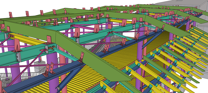 3D model of the steel structure of a roof with different colored beams and supports.