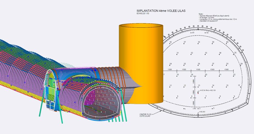 3D model and engineering diagram of a tunnel construction project.