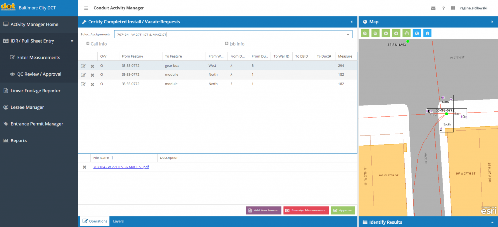 Baltimore City DOT Conduit Activity Manager showing completed installation requests with map data.