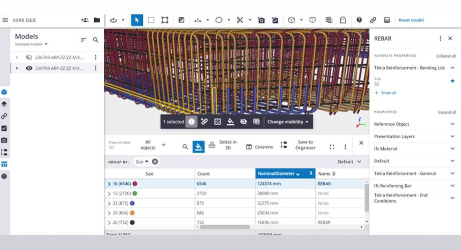 screenshot of the King's Cross R8 model being built in Tekla, focusing on the rebar properties and movement