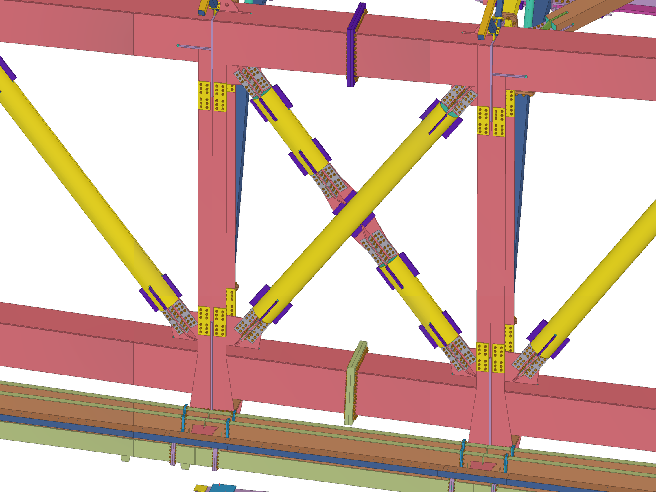 Tekla 3D rendering of a steel structure with a pink main frame, yellow diagonal support beams, and purple connectors.