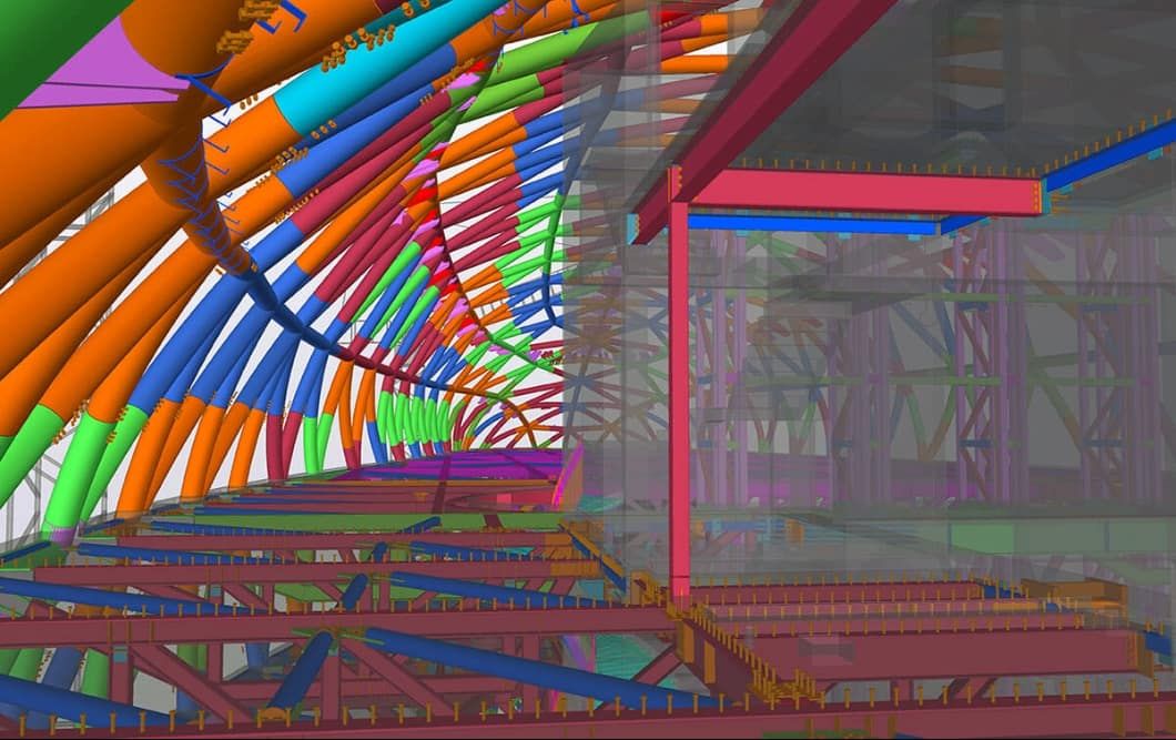 A 3D rendering of a complex steel structure, showing various beams and supports in different colors.