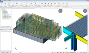 3D BIM model displaying structural framing of a building, with a detailed close-up of a beam connection.