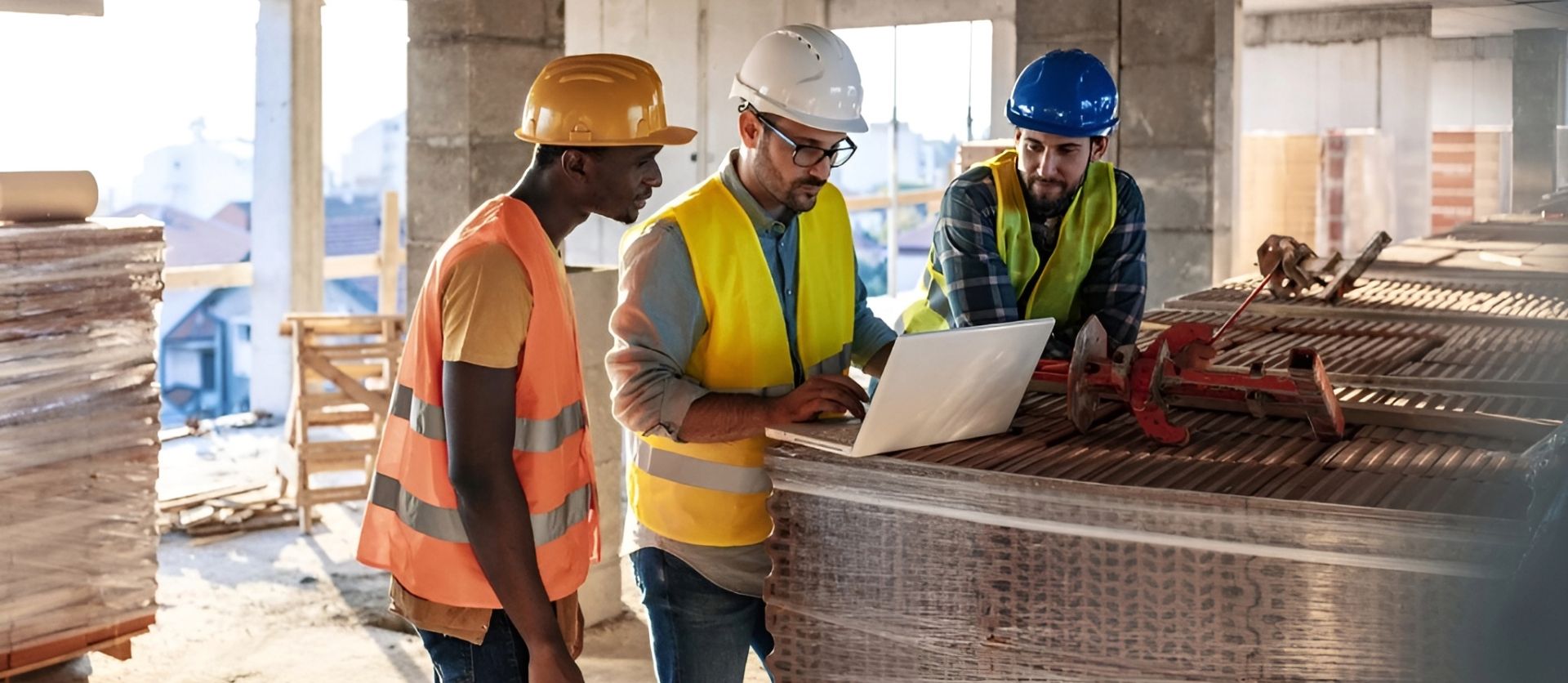 Three construction workers in hard hats and high-visibility vests review plans on a laptop at an active construction site. The unfinished building has exposed concrete columns and ceiling tiles, with construction materials visible in the background.