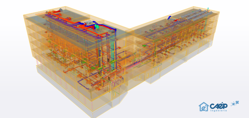 3D BIM model showing the internal complex MEP systems of a building.