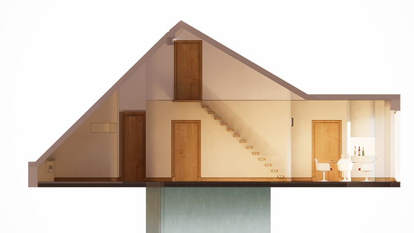 Cutaway view of a modern attic conversion showing a bar area with stools, stairs, and doors.