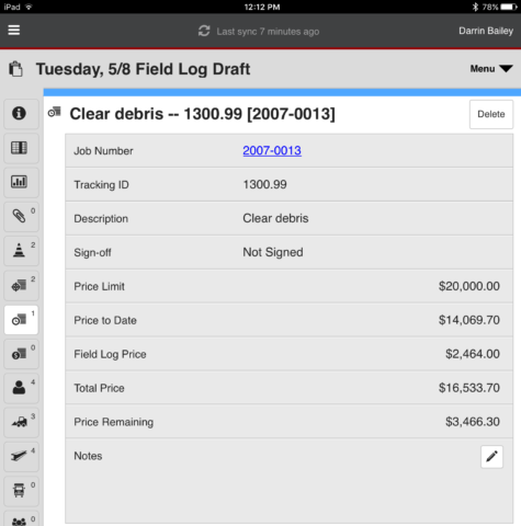A screenshot of a tablet displaying a field log entry for clearing debris on job number 2007-0013.