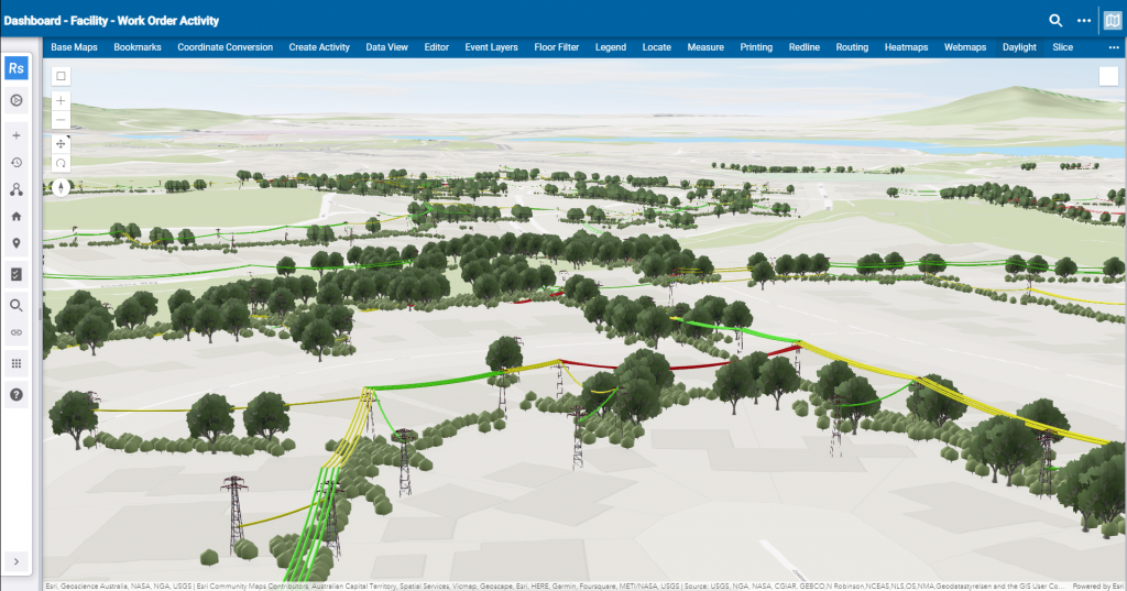 A 3D scene rendering of electric lines and surrounding vegetation, color-coding spans that are at risk.