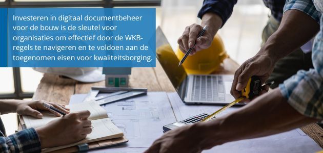 Three construction professionals are collaborating around a table with blueprints, discussing digital document management for construction projects.