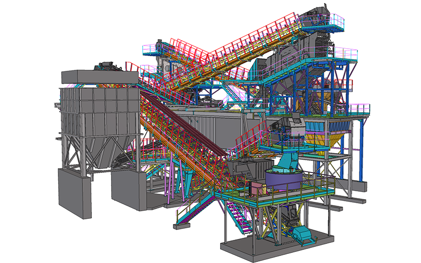 A 3D rendering of an industrial processing plant with multiple levels, conveyor belts, and processing machinery.