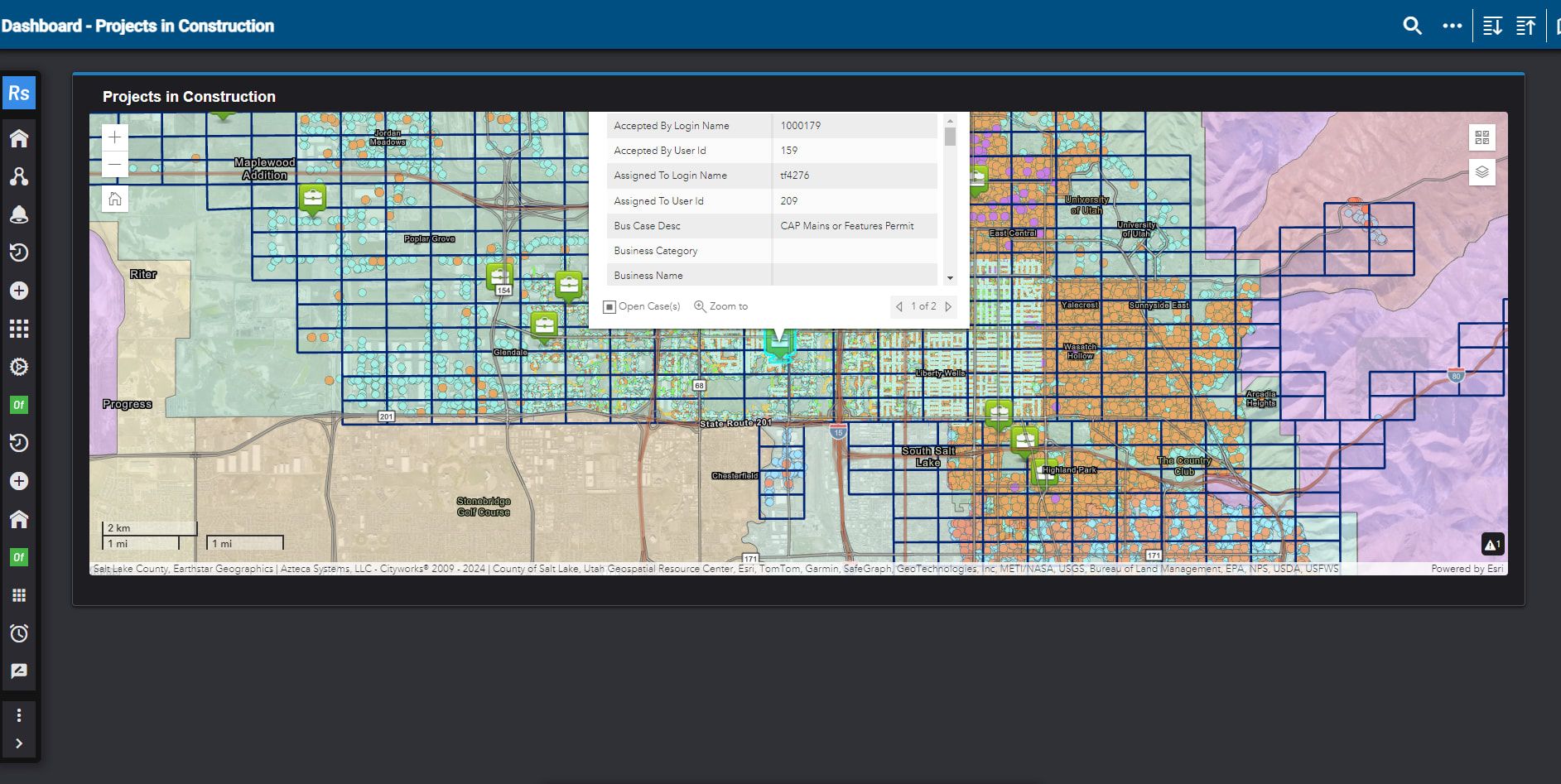 Map interface displaying construction projects over a geographical area with data filtering options visible.