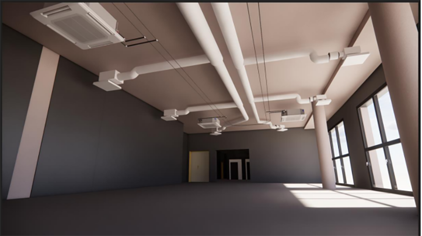 A rendering of an empty, unfinished restaurant space with exposed HVAC ductwork and lighting fixtures on the ceiling.