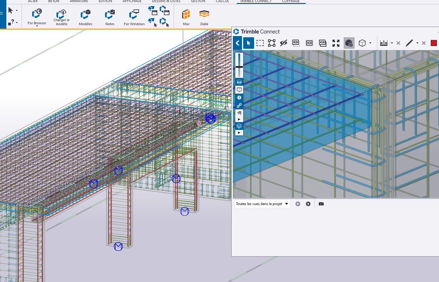 Screenshot of the Trimble Connect software interface, showing a 3D model of a building's reinforced concrete structure.